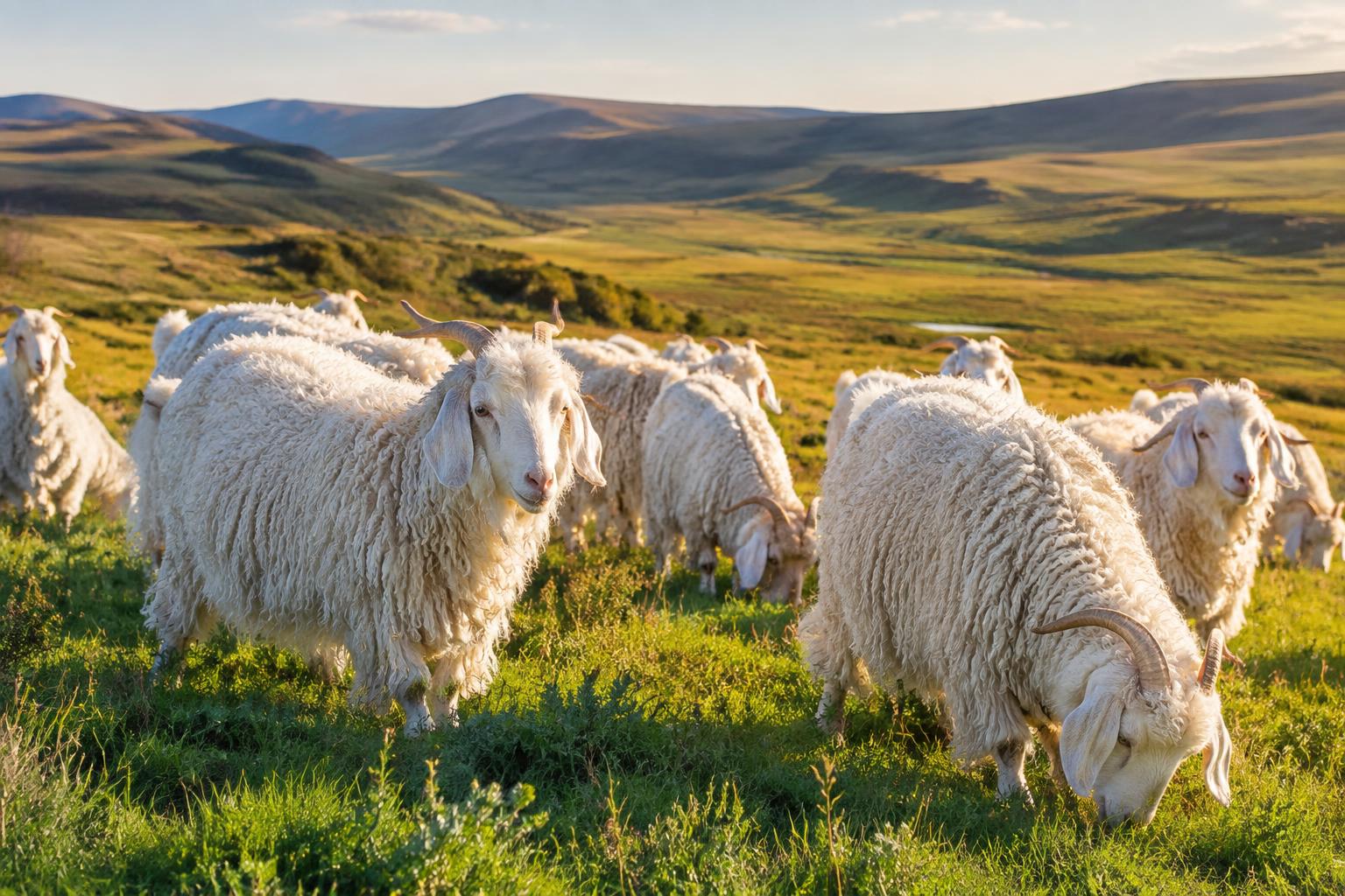 White Angora goats grazing on open green veld