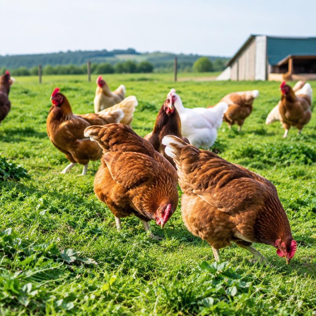 Free-range chickens foraging on green grass
