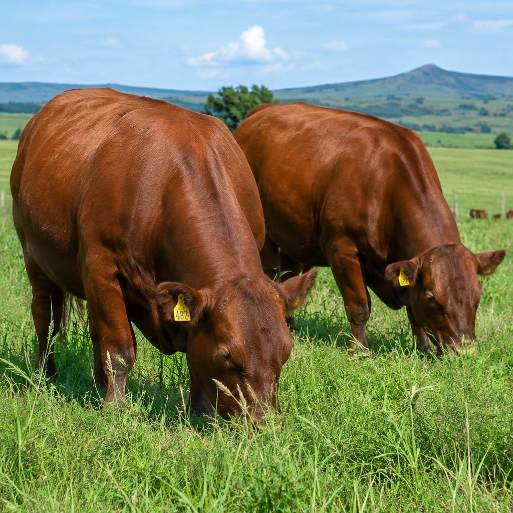 Well-fattened cattle grazing on green veld