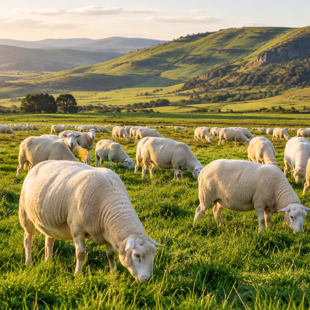 Flock of sheep grazing on lush pasture